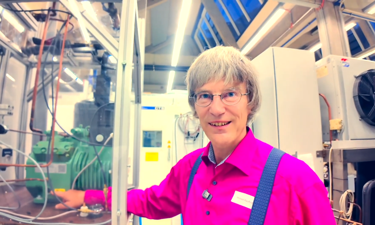 Professor Michael Kauffeld in his lab at the Karlsruhe University of Applied Sciences. Professor Kauffeld and his team researched the weight of PFAS components in a commercial heat pump.
